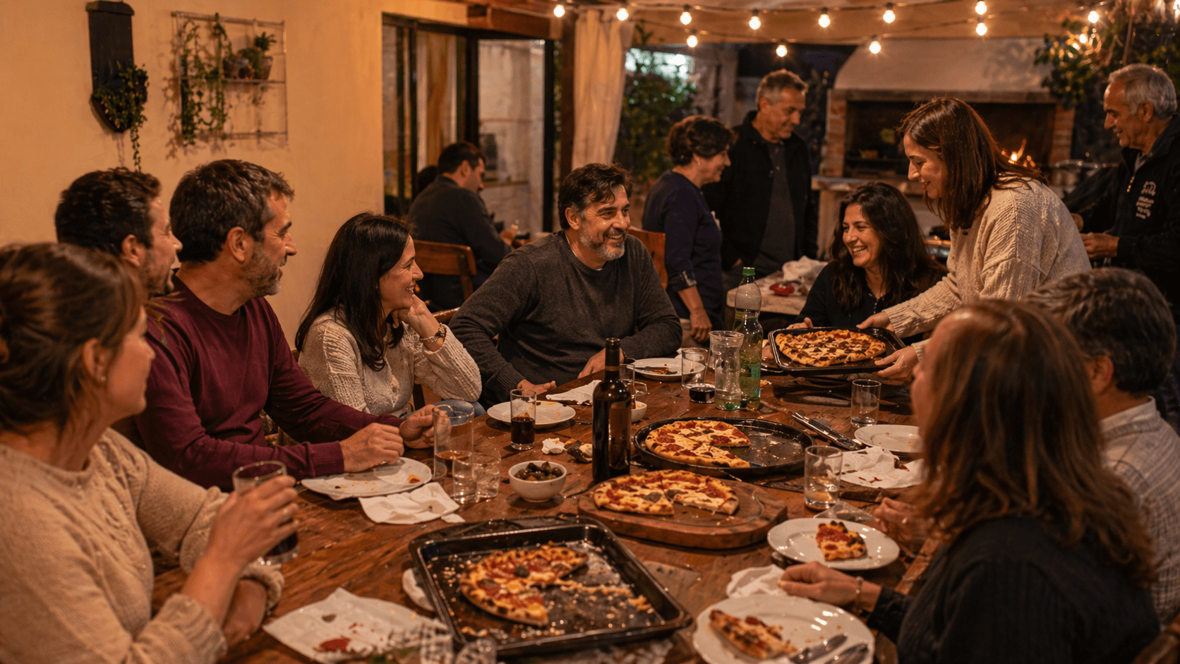 Mesa larga con varias pizzas servidas en un evento