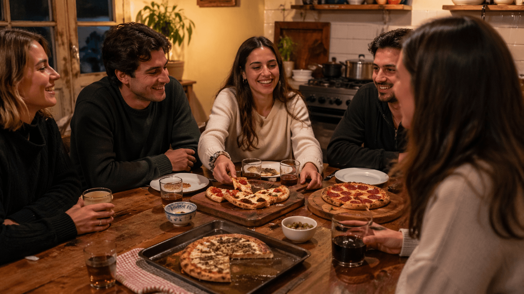 Grupo de amigos compartiendo pizzas en una mesa