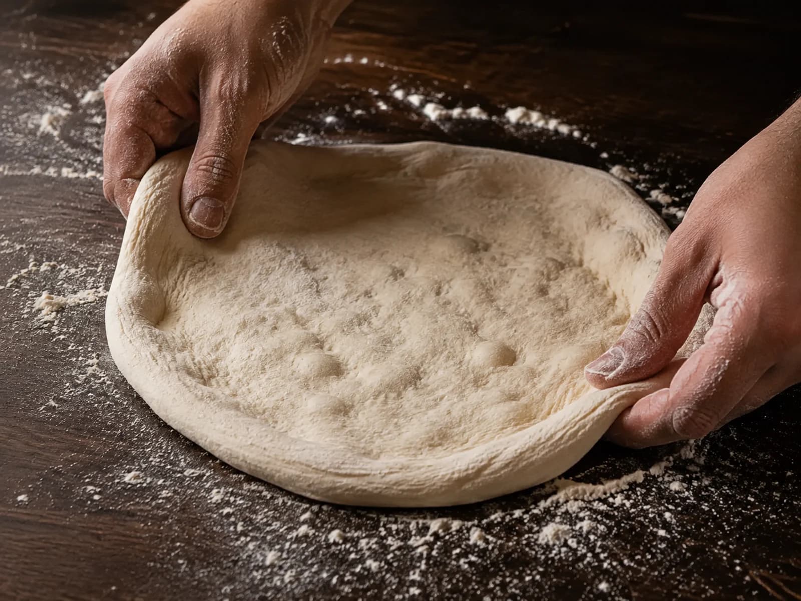 Manos formando una masa de pizza sobre una mesa con harina